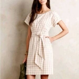HD in Paris Anthropologie Beige Gingham Mini Dress Size 16